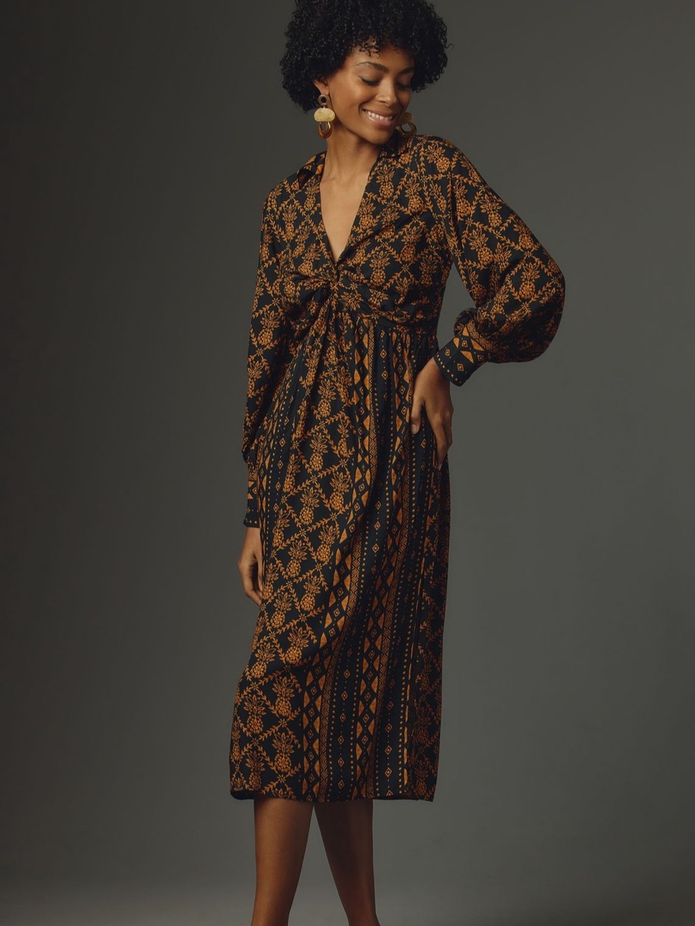 Farm Rio Long-Sleeve V-Neck Printed
Tie-Front Midi Dress, S